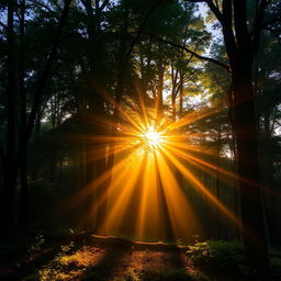 A serene and tranquil scene featuring a beautiful sunrise with golden rays of light streaming through the trees in a lush forest