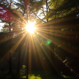 A serene and tranquil scene featuring a beautiful sunrise with golden rays of light streaming through the trees in a lush forest