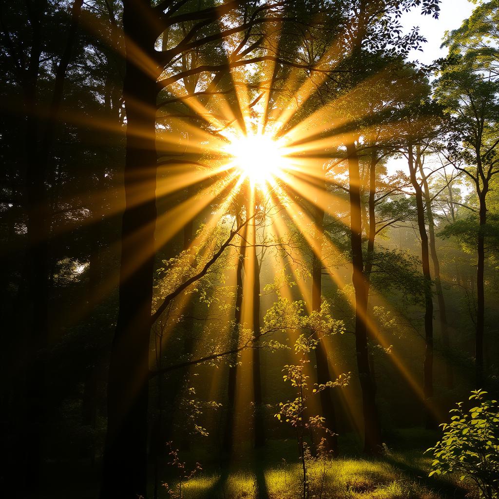 A serene and tranquil scene featuring a beautiful sunrise with golden rays of light streaming through the trees in a lush forest