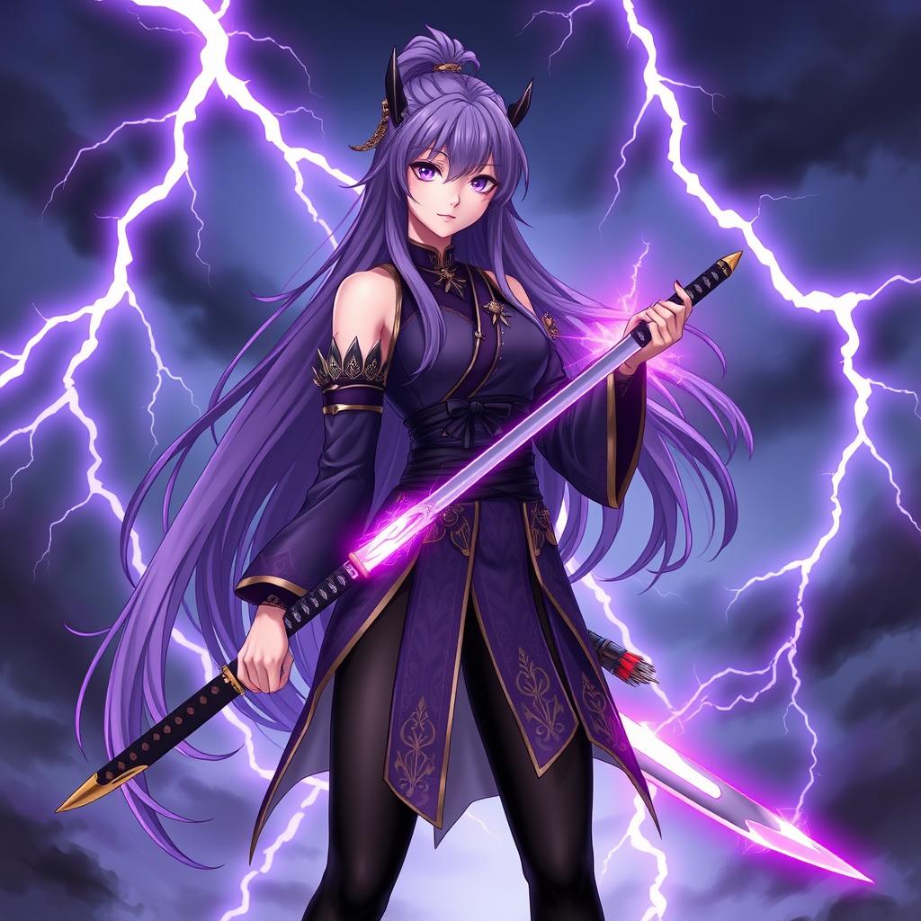 A female character with long, flowing purple hair, styled elegantly