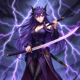 A female character with long, flowing purple hair, styled elegantly