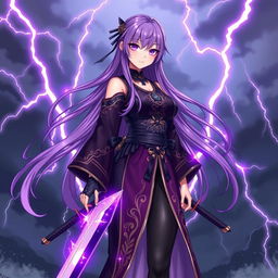 A female character with long, flowing purple hair, styled elegantly