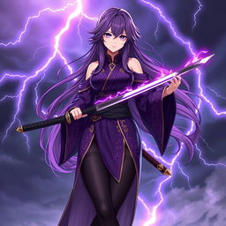 A female character with long, flowing purple hair, styled elegantly