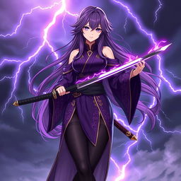 A female character with long, flowing purple hair, styled elegantly