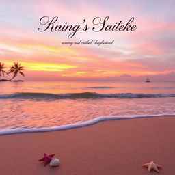 A serene beach scene at sunset, with soft waves gently rolling onto the shore