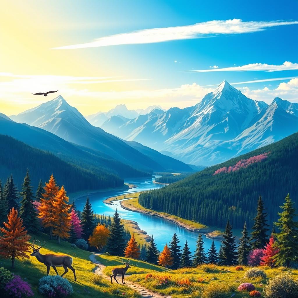 Create a vibrant and colorful image featuring a beautiful landscape with mountains, rivers, and forests under a clear blue sky