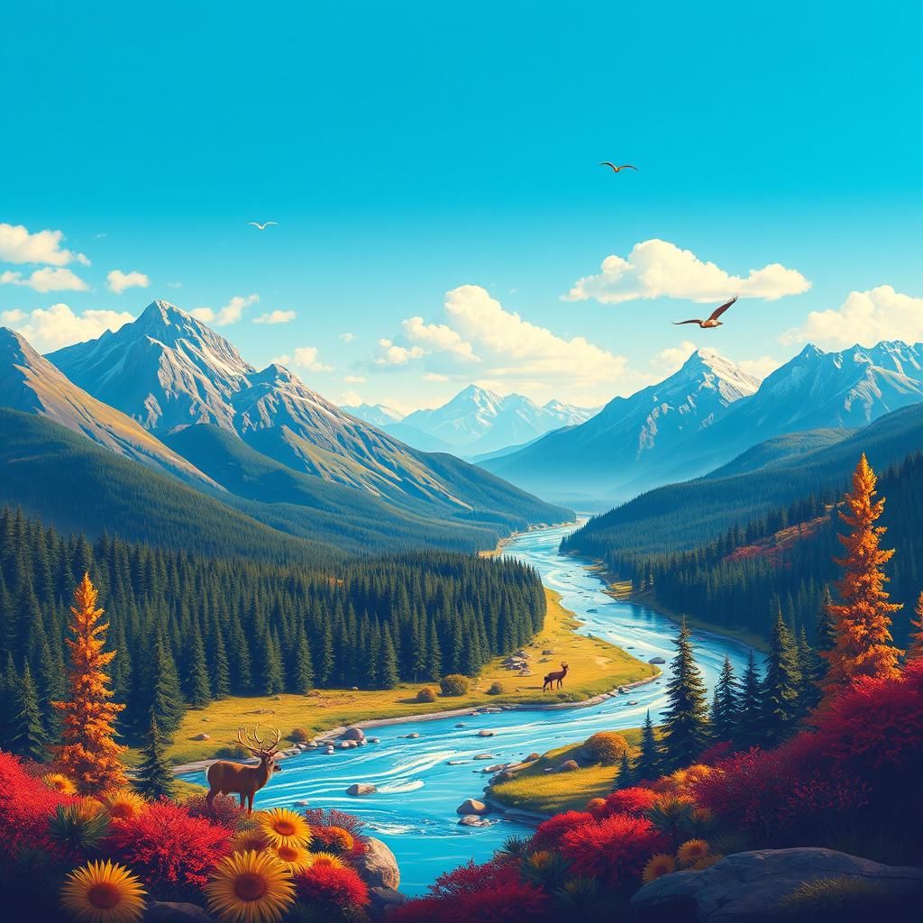 Create a vibrant and colorful image featuring a beautiful landscape with mountains, rivers, and forests under a clear blue sky