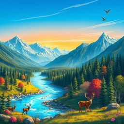 Create a vibrant and colorful image featuring a beautiful landscape with mountains, rivers, and forests under a clear blue sky