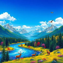 Create a vibrant and colorful image featuring a beautiful landscape with mountains, rivers, and forests under a clear blue sky