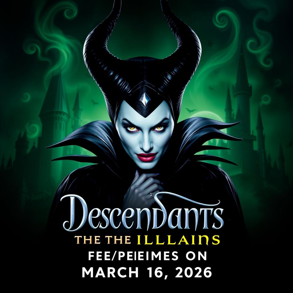 A poster featuring Maleficent with the text 'Descendants: The Return of the Villains' and 'Premieres on March 16, 2026'