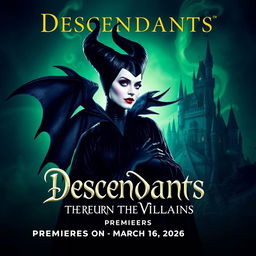 A poster featuring Maleficent with the text 'Descendants: The Return of the Villains' and 'Premieres on March 16, 2026'