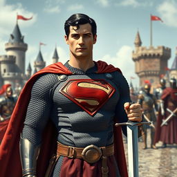 A depiction of Superman dressed as a medieval crusader, complete with chainmail, a tunic with a crusader cross, and a sword