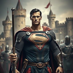 A depiction of Superman dressed as a medieval crusader, complete with chainmail, a tunic with a crusader cross, and a sword