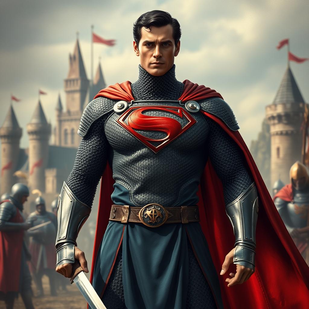 A depiction of Superman dressed as a medieval crusader, complete with chainmail, a tunic with a crusader cross, and a sword