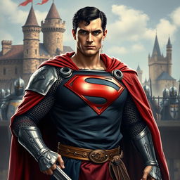 A depiction of Superman dressed as a medieval crusader, complete with chainmail, a tunic with a crusader cross, and a sword