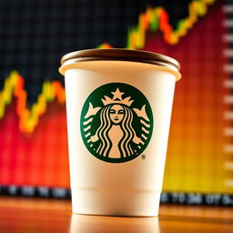 A vibrant and dynamic image of a Starbucks coffee cup with a stock market graph in the background showing a sharp increase