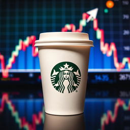 A vibrant and dynamic image of a Starbucks coffee cup with a stock market graph in the background showing a sharp increase