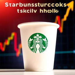 A vibrant and dynamic image of a Starbucks coffee cup with a stock market graph in the background showing a sharp increase