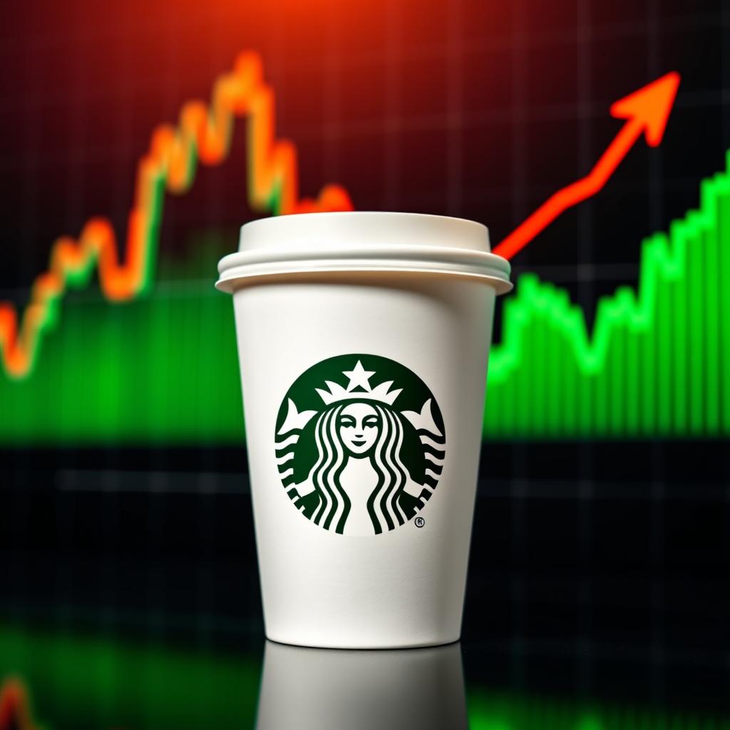 A vibrant and dynamic image of a Starbucks coffee cup with a stock market graph in the background showing a sharp increase