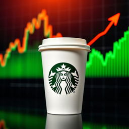 A vibrant and dynamic image of a Starbucks coffee cup with a stock market graph in the background showing a sharp increase