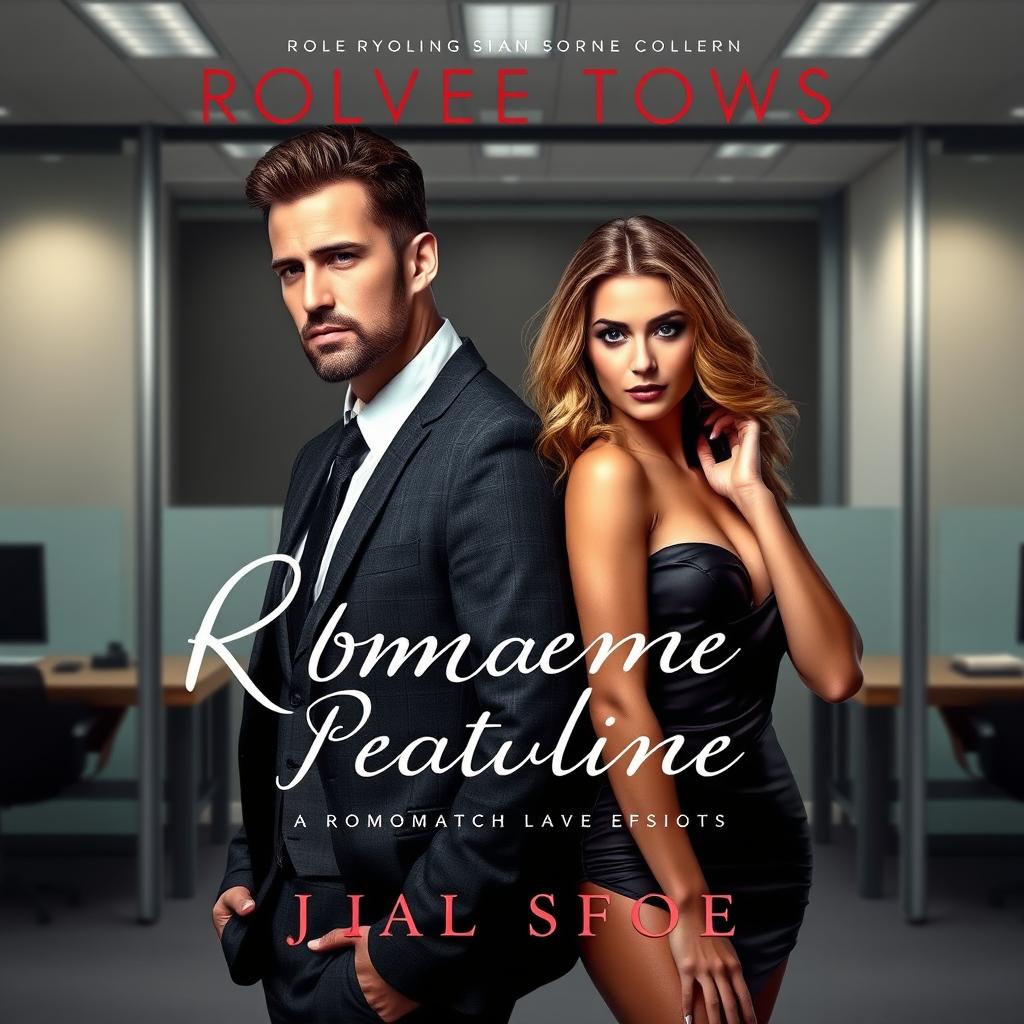 A man in a suit and a sexy woman standing in front of an office background, designed for a romance novel cover