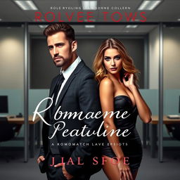 A man in a suit and a sexy woman standing in front of an office background, designed for a romance novel cover