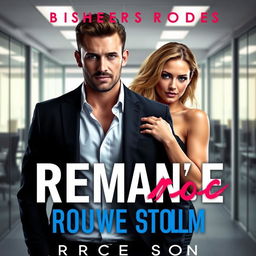 A man in a suit and a sexy woman standing in front of an office background, designed for a romance novel cover