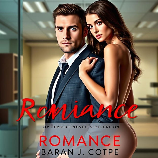 A man in a suit and a sexy woman standing in front of an office background, designed for a romance novel cover