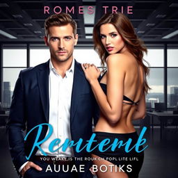 A man in a suit and a sexy woman standing in front of an office background, designed for a romance novel cover