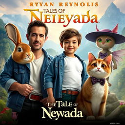 Create a grand and enchanting movie poster for a fantasy, feel-good, family adventure film titled 'The Tales of Neyvada'