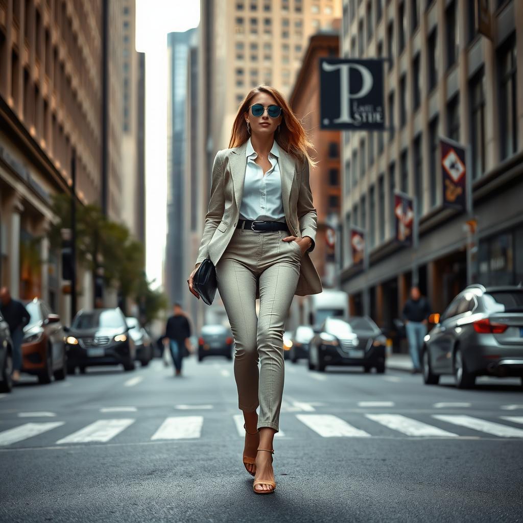 A stylish woman walking confidently on a city street, wearing fashionable attire