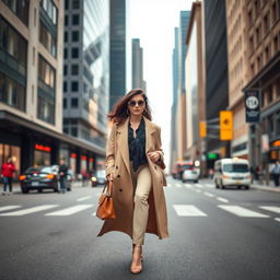 A stylish woman walking confidently on a city street, wearing fashionable attire