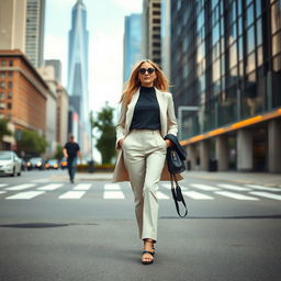 A stylish woman walking confidently on a city street, wearing fashionable attire