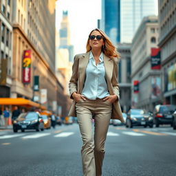 A stylish woman walking confidently on a city street, wearing fashionable attire