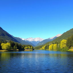 A beautiful landscape featuring a serene lake surrounded by lush green trees and mountains in the background under a clear blue sky