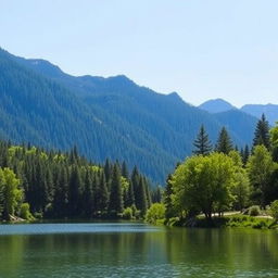 A beautiful landscape featuring a serene lake surrounded by lush green trees and mountains in the background under a clear blue sky