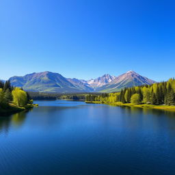 A beautiful landscape featuring a serene lake surrounded by lush green trees and mountains in the background under a clear blue sky