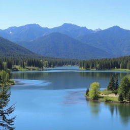 A beautiful landscape featuring a serene lake surrounded by lush green trees and mountains in the background under a clear blue sky