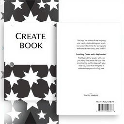 Create the front and back cover of a book with a black and white geometric pattern featuring stars