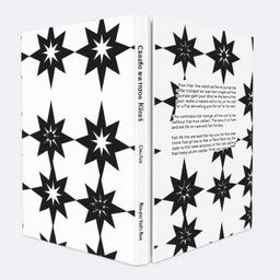 Create the front and back cover of a book with a black and white geometric pattern featuring stars