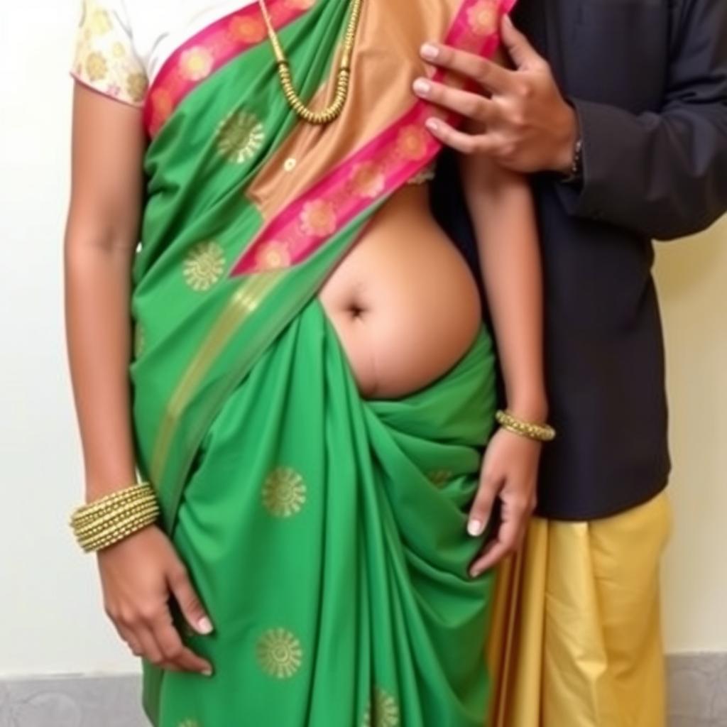 A Hindu woman wearing a low-waist saree with her belly and navel visible, standing next to a Muslim man