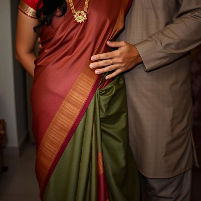 A Hindu woman wearing a low-waist saree with her belly and navel visible, standing next to a Muslim man