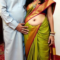 A Hindu woman wearing a low-waist saree with her belly and navel visible, standing next to a Muslim man