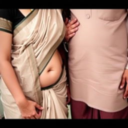 A Hindu woman wearing a low-waist saree with her belly and navel visible, standing next to a Muslim man