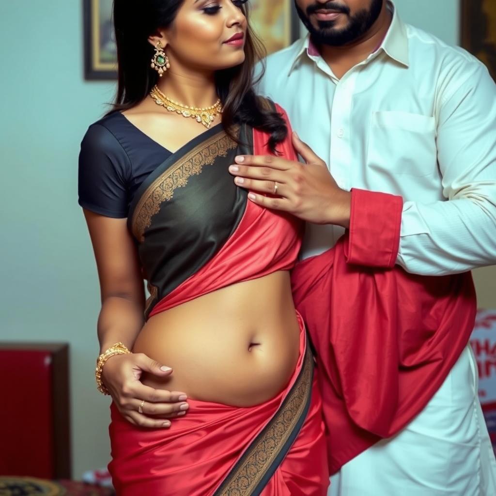 A Hindu woman wearing a low-waist saree with her belly and navel visible, standing next to a Muslim man