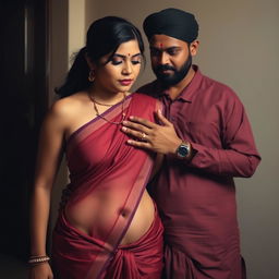 A Hindu woman wearing a low-waist saree with her belly and navel visible, standing next to a Muslim man