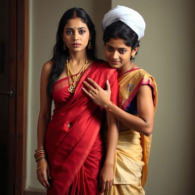 A Hindu woman wearing a low-waist saree with her belly and navel visible, standing next to a Muslim man