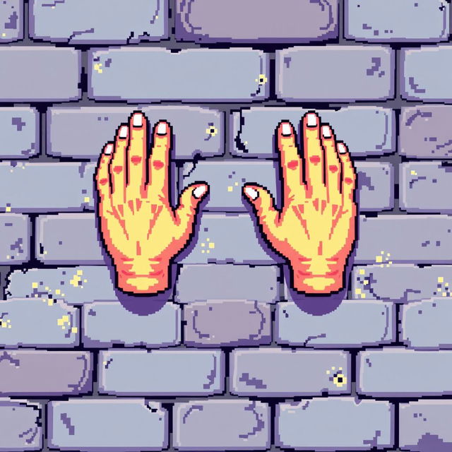 Pixel art of small hands on a wall, colorful and vibrant, with a retro gaming style