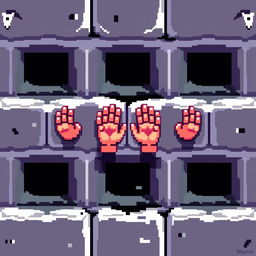 Pixel art of small hands on a wall, colorful and vibrant, with a retro gaming style