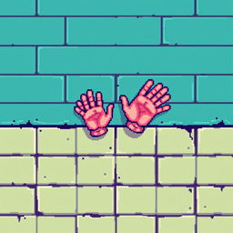 Pixel art of small hands on a wall, colorful and vibrant, with a retro gaming style